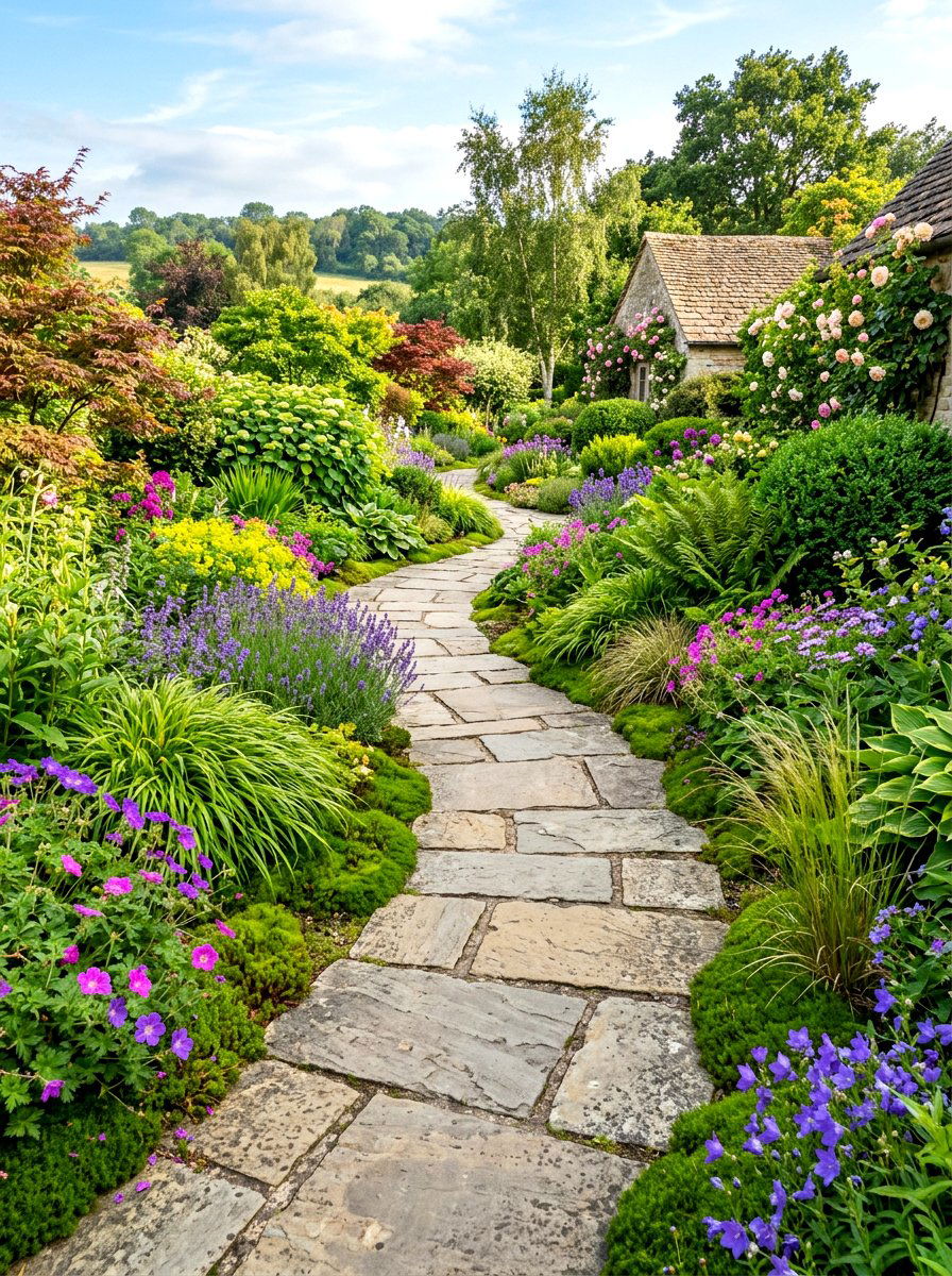 Established garden with a stone path winding through flowering shrubs and mature planting