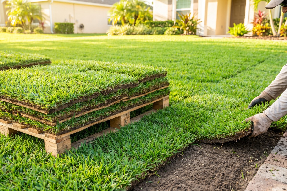 Fresh sod being laid by hand to create a new green lawn